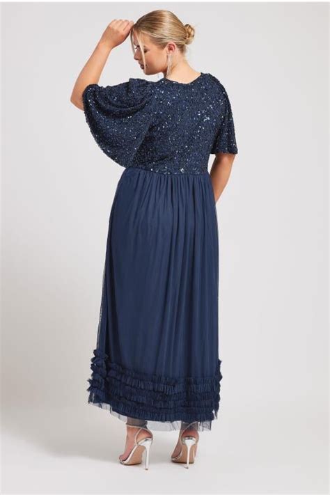 LUXE Plus Size Curve Navy Blue Sequin Sweetheart Ruffle Maxi Dress