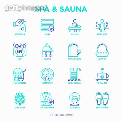 Spa Sauna Thin Line Icons Set Massage Oil Towels Steam Room