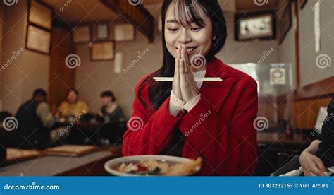 Restaurant Praying And Japanese Woman With Food For Lunch Dinner And