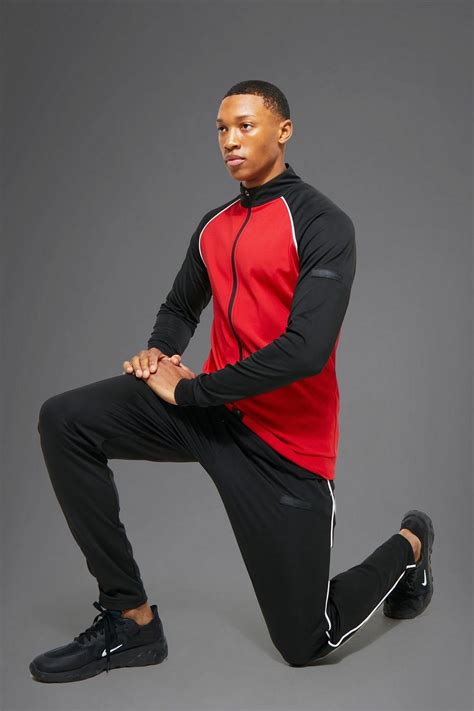 Man Active Block Piping Funnel Neck Tracksuit Boohoo Uk