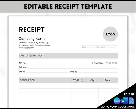 EDITABLE Receipt Template Receipt Form Small Business - Etsy UK
