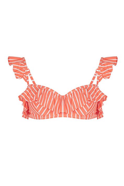 Pembe Kate Frill Balen Bikini Üstü Şeker Pembesi Çizgili Penti