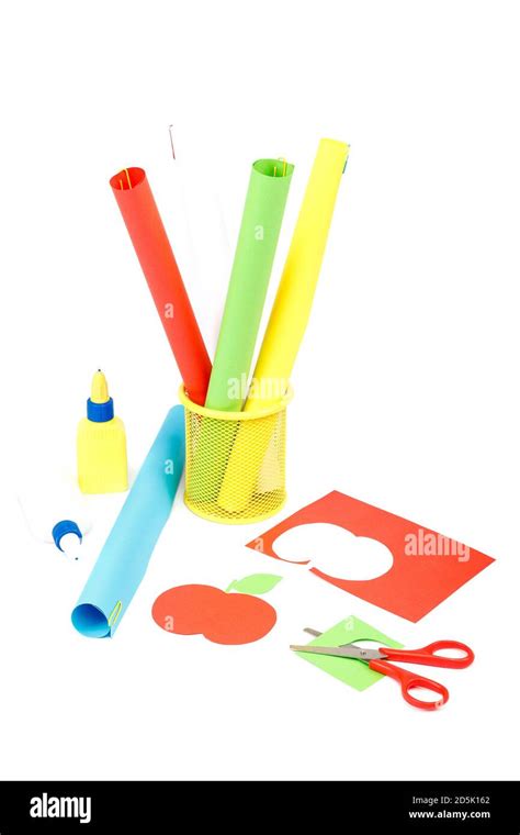 Color paper, scissors, glue isolated on white background Stock Photo - Alamy