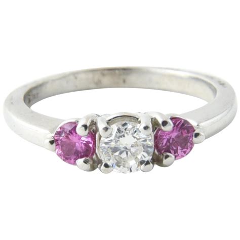 Pink Sapphire Diamond Gold Three Stone Ring For Sale At 1stDibs