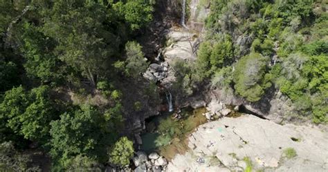 Cascatas de Fecha de Barjas or Tahiti waterfalls in Peneda-Geres National park, Portugal. Aerial ...