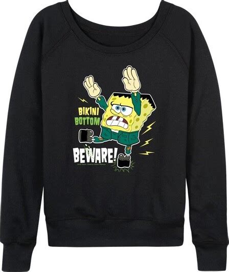 Spongebob Squarepants Women Squarepant Bikini Bottom Beware Lightweight French Terry Wide Neck