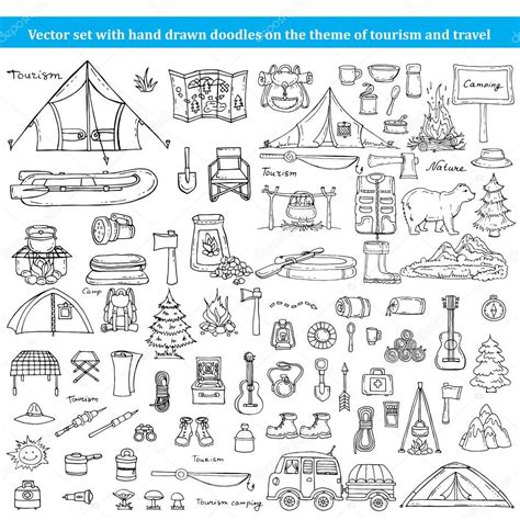 Vector Set With Hand Drawn Doodles On The Theme Of Tourism And Stock