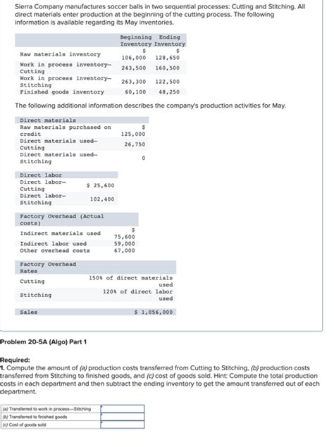 Solved Sierra Company Manufactures Soccer Balls In Two Chegg