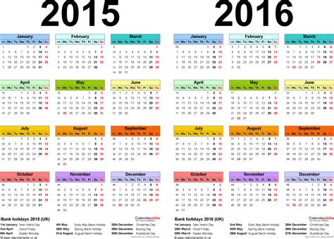 Two year calendars for 2015 and 2016 (UK) for Microsoft Word