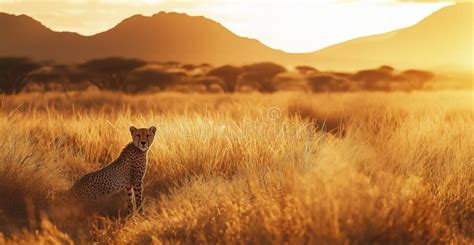 cheetah sitting   golden savanna grassland  sunset  scenic