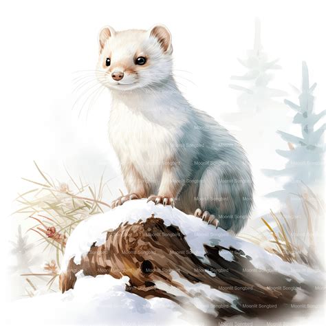 10 Ermine in Snow Clipart, Digital Download, Printable Watercolor