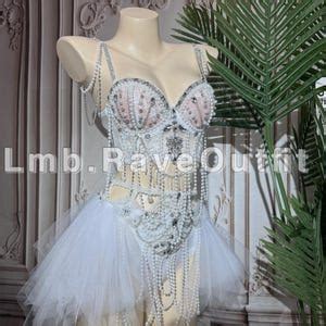 White Pearled Rave Outfits Stunning And Sexy Bikini For Glamorous