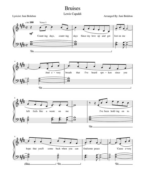 bruises sheet   piano solo easy musescorecom