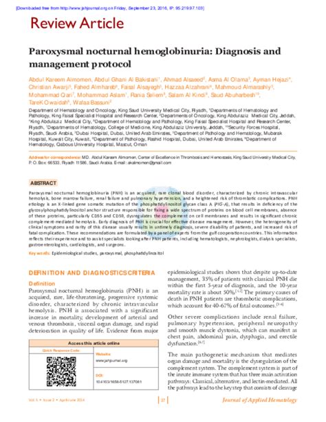 (PDF) Paroxysmal nocturnal hemoglobinuria: Diagnosis and management protocol | Abdulkareem ...