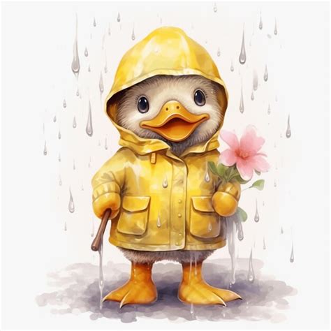 Premium Ai Image There Is A Duck Wearing A Yellow Raincoat And Holding A Flower Generative Ai