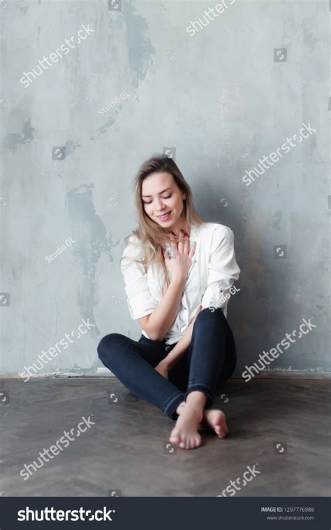 Model Blonde Barefoot Blue Jeans White Stock Photo Shutterstock