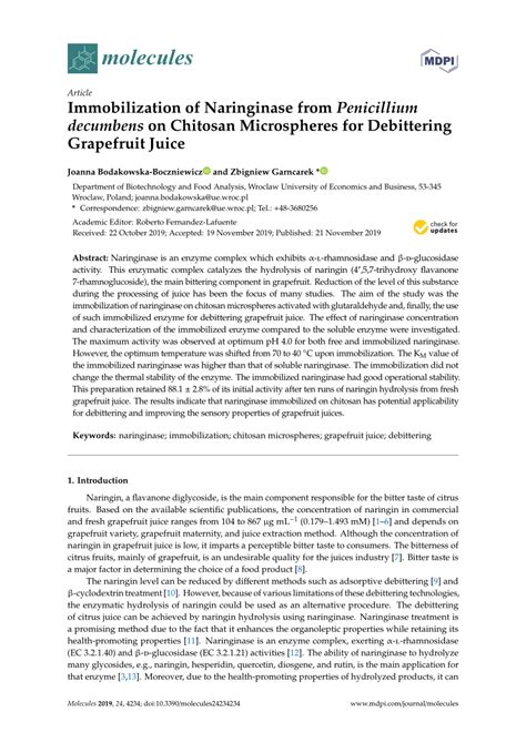 Pdf Immobilization Of Naringinase From Penicillium Decumbens On