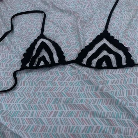 Black And White Crochet Bikini Top Beachwear Depop