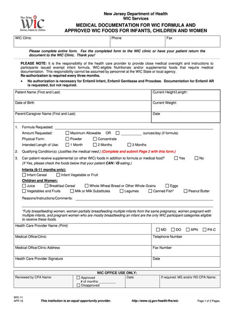 Fillable Online Medical Documentation For Wic Formula And Approved Wic