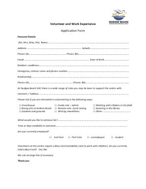 Fillable Online Volunteer And Work Experience Application Form