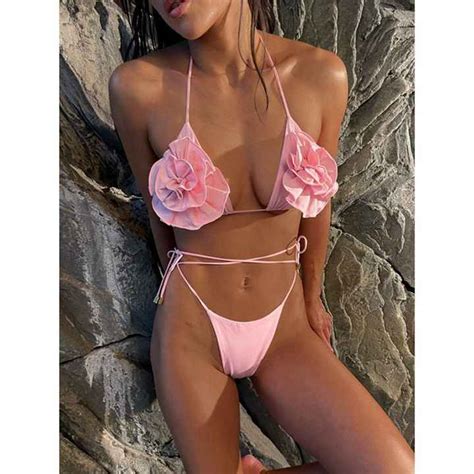 3D Flower Swimsuit Micro Bikini Two Piece Split Swimsuit Women Sexy Strings Swimwear Solid