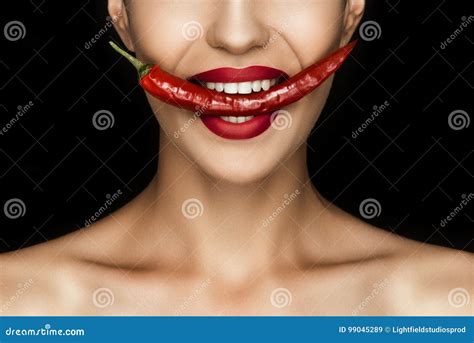 Cropped View Of Beautiful Naked Seductive Woman With Red Chili Pepper Stock Image Image Of