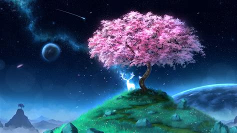 Anime, Shooting Star, Original, Starry Sky, Tree, Deer, Planet, 1080P ...