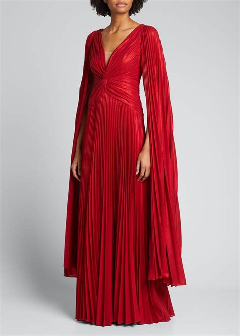 Marchesa Notte V Neck Cape Sleeve Pleated Lame Chiffon Gown Bergdorf