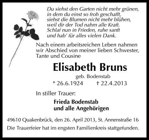 Traueranzeigen Von Elisabeth Bruns Noz Trauerportal