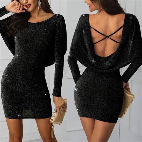 Sexy Women Party Dress Long Sleeve Cross Bandage Backless Female Mini