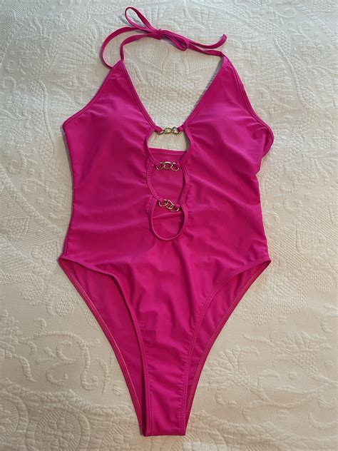Hot Pink Barbiecore One Piece Swimsuit Cut Out Front Gem