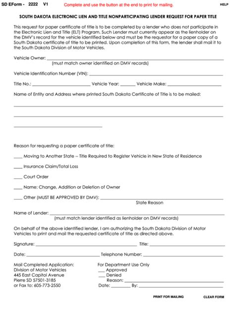 Fillable Sd Eform V Electronic Lien And Title Nonparticipating