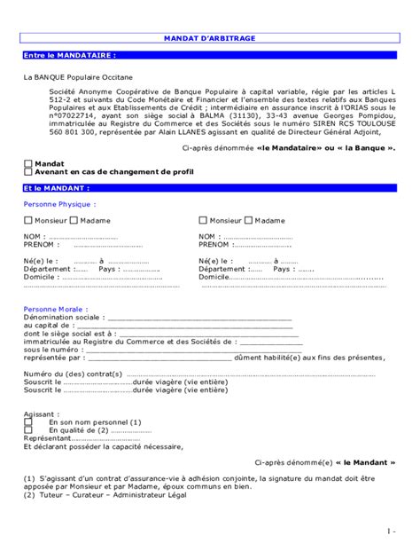 Remplissable En Ligne Mandat D Arbitrage Sur Contrat D Assurance Vie