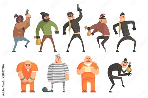 Criminals And Convicts Funny Characters Set Cartoon Fun Style Vector