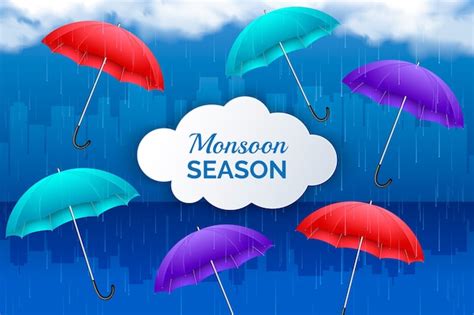 Free Vector Realistic Monsoon Season Background With Rain And Umbrellas