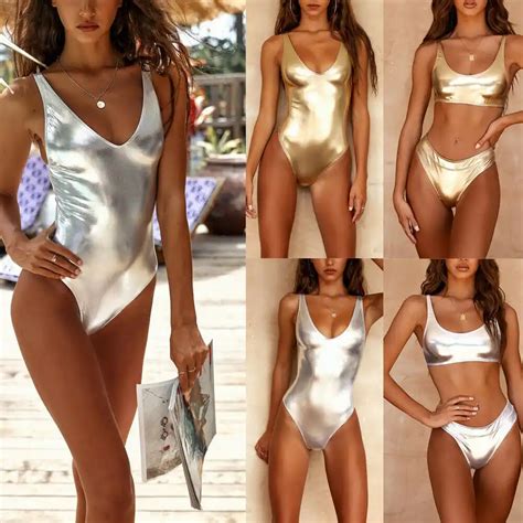 Women Golden Bikini Set Bathing Suit Silver Sequins Push Up Padded Bra