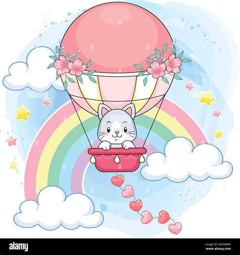 Cute Pastel Kitten On A Pink Hot Air Balloon In A Rainbow World Stock