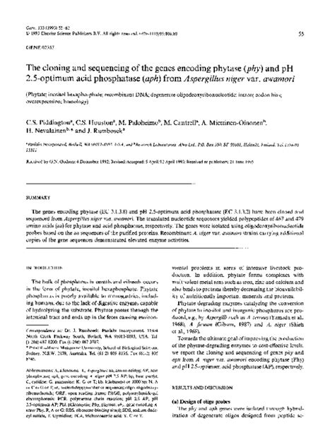 Pdf The Cloning And Sequencing Of The Genes Encoding Phytase Phy