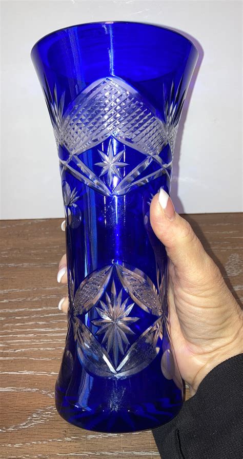 Bohemian Cobalt Etched Vase Bohemian Cobalt Blue Clear Flower Etsy