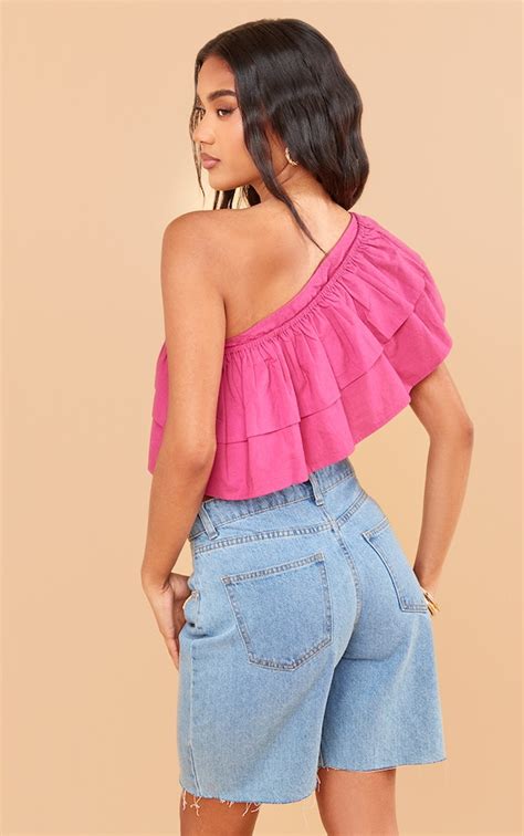 Hot Pink Ruffle One Shoulder Crop Tops Prettylittlething Usa