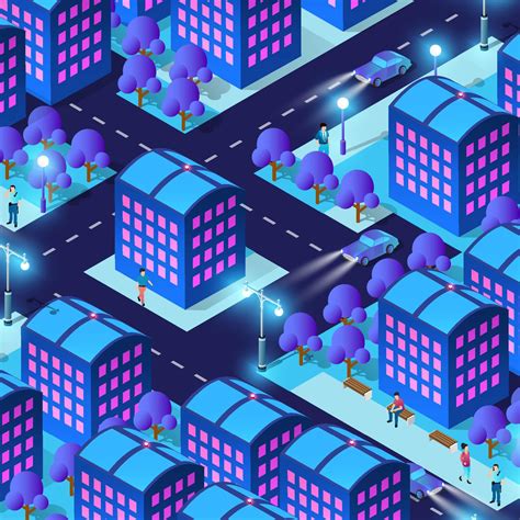 City future smart urban Isometric night lights architecture 3D