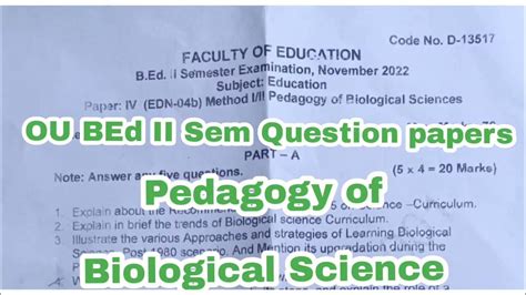 Bed Ii Semester Question Papers Pedagogy Of Biological Sciences Osmania University Question