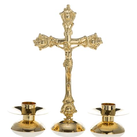 Altar Crucifix With Candle Holders In Brass Online Sales On Holyart