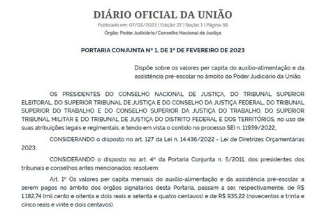 Portaria Conjunta Que Reajusta Os Aux Lios Alimenta O E Pr Escolar