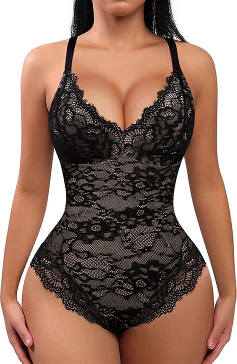 Feelingirl Lace Bodysuit For Women Tummy Control Shapewear V Neck