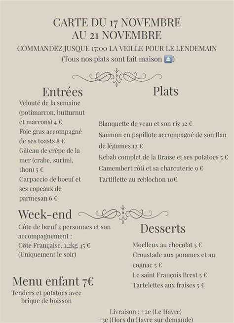 Menu Au La Braise Gourmande Restaurant Le Havre