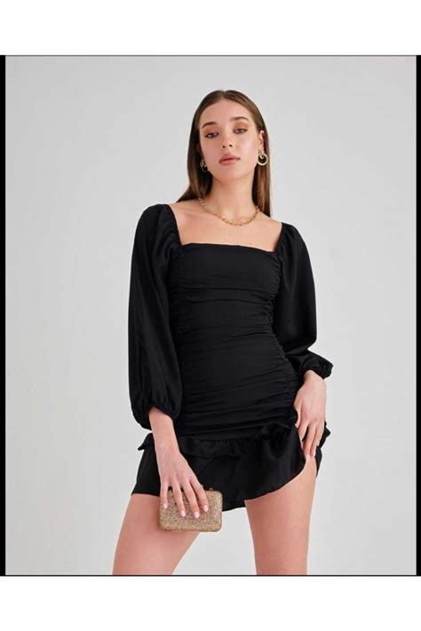 Secret Passion Lingerie Eteği Katlı Uzun Kollu Esnek Krep Kumaş Siyah Abiye Ve Mezuniyet