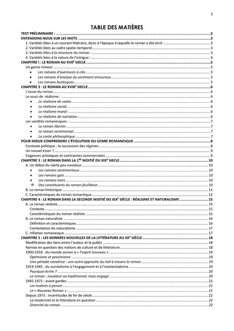 Histoire Du Roman Table Des Mati Res Test Pr Liminaire Studocu