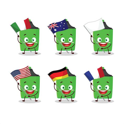 New green highlighter cartoon character bring the flags of various ...