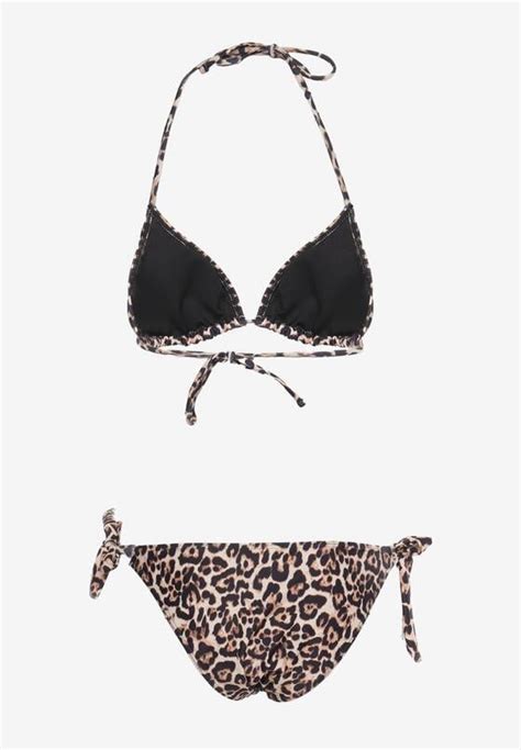 Beżowe Bikini Wiązane Ozdobione Wzorem w Cętki Uvantia Born2be